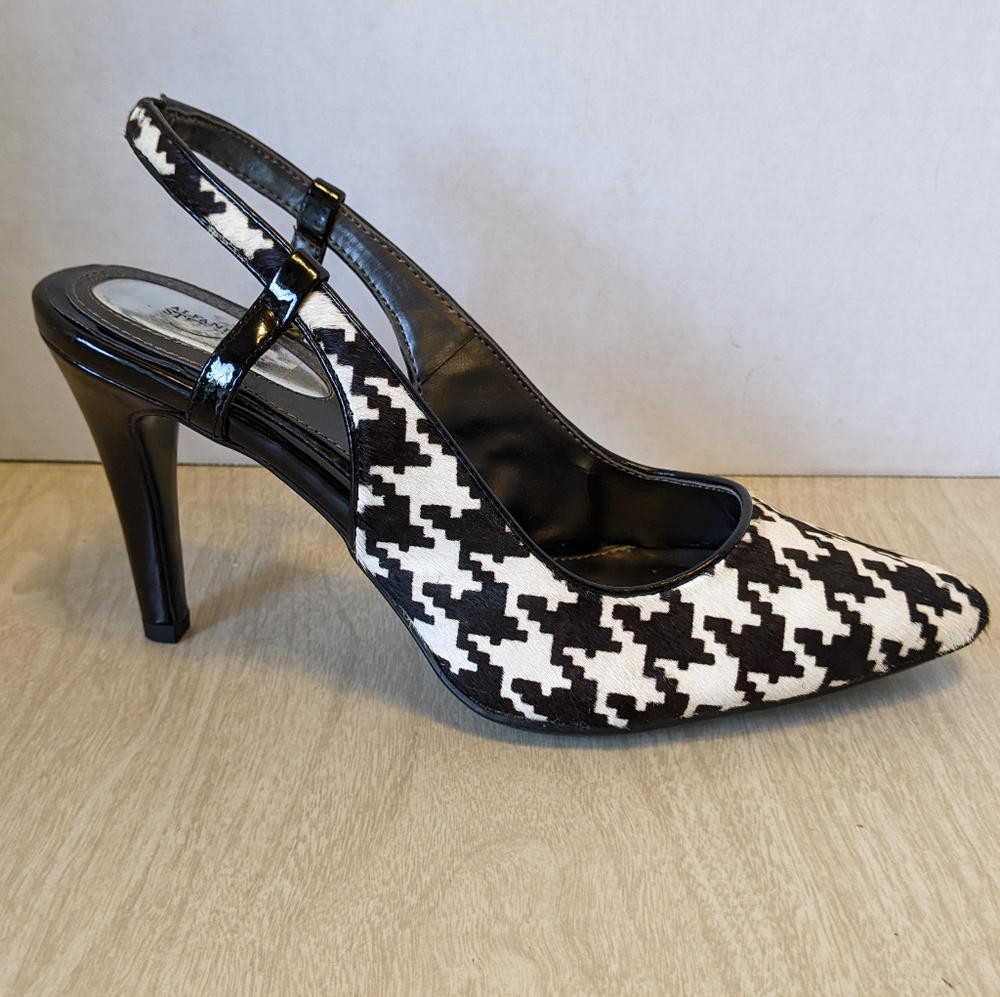 **Sold** Alfani Kalina Black and White Cow Hair Houndstooth Slingback Heels 8.5